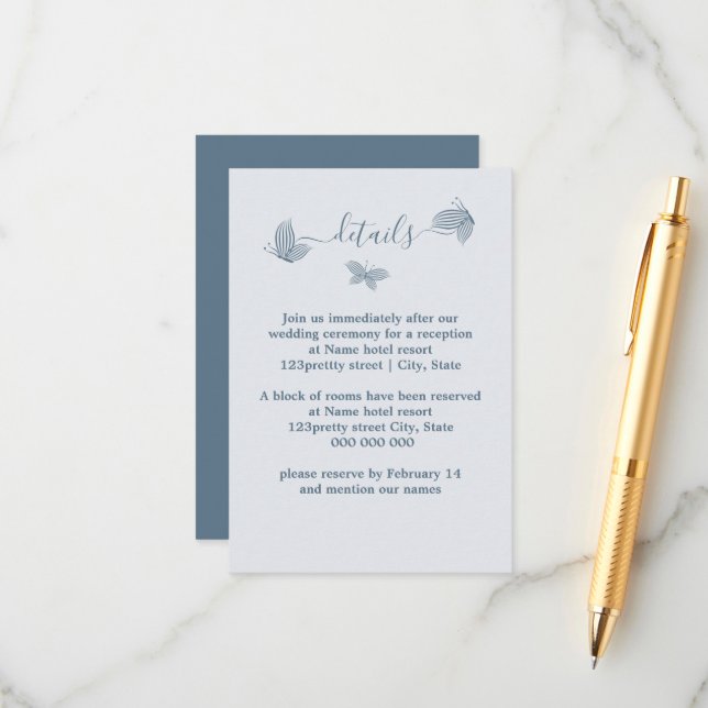 Romantic elegant dusty blue butterflies wedding enclosure card (Front/Back In Situ)