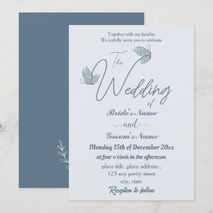 Romantic elegant dusty blue butterflies wedding invitation