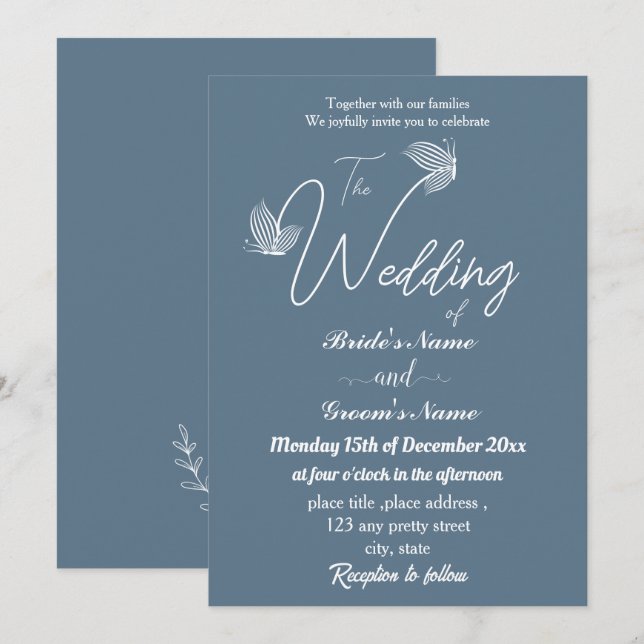 Romantic elegant dusty blue butterflies wedding invitation (Front/Back)