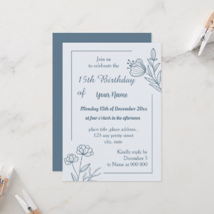 Romantic elegant dusty blue floral birthday invitation