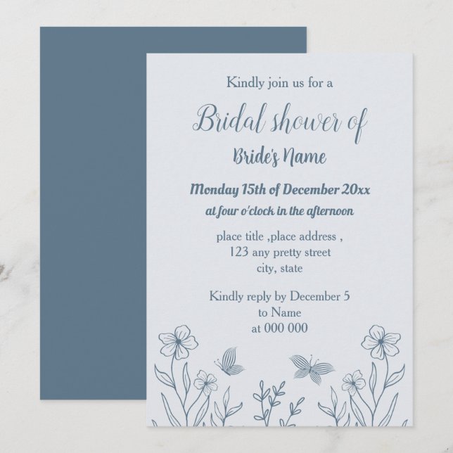 Romantic elegant dusty blue floral bridal shower invitation (Front/Back)