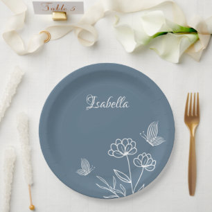 Romantic elegant dusty blue floral paper plate