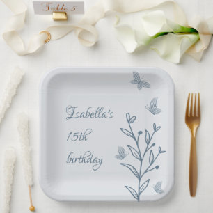 Romantic elegant dusty blue floral paper plate