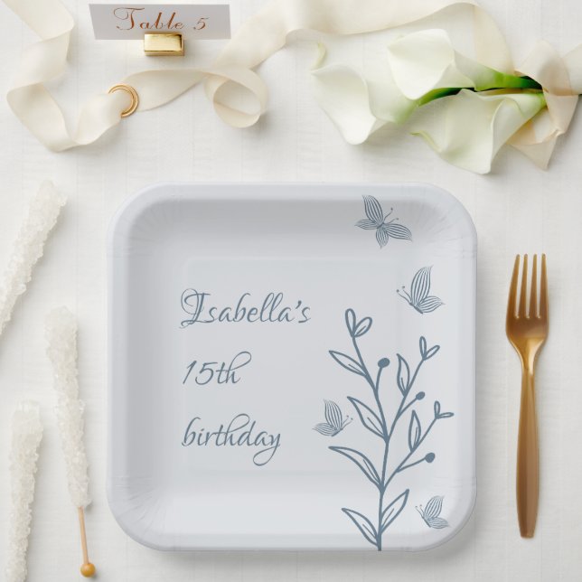 Romantic elegant dusty blue floral  paper plate (Wedding)