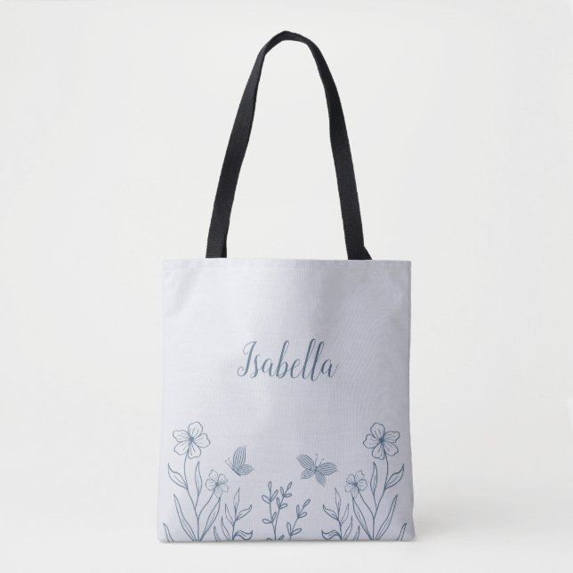 Romantic elegant dusty blue floral  tote bag (Front)