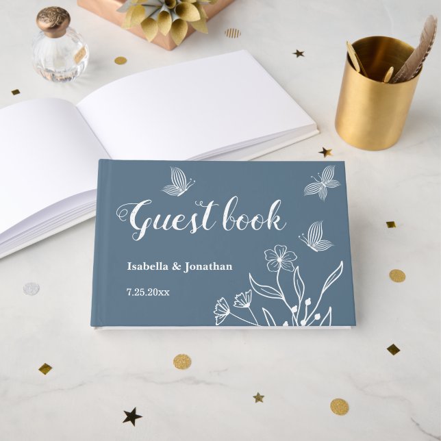 Romantic elegant dusty blue floral wedding guest book (Front Open)
