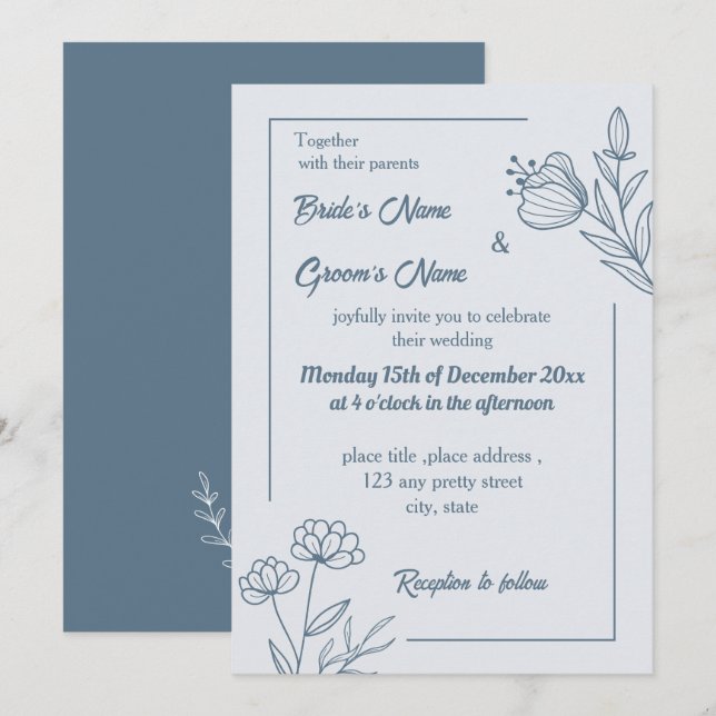 Romantic elegant dusty blue floral wedding invitation (Front/Back)