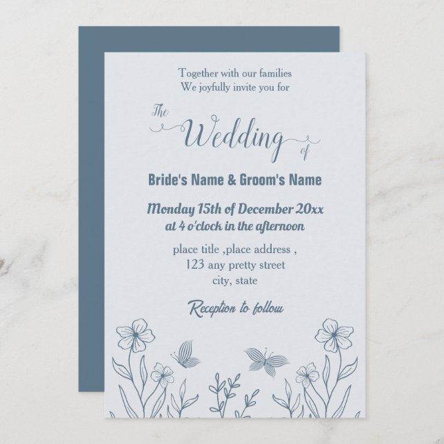 Romantic elegant dusty blue floral wedding invitation (Front/Back)