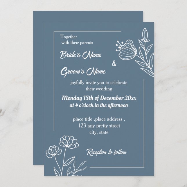 Romantic elegant dusty blue floral wedding invitation (Front/Back)