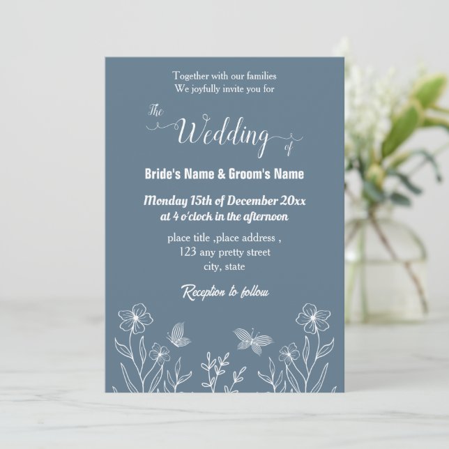 Romantic elegant dusty blue floral wedding  invitation (Standing Front)