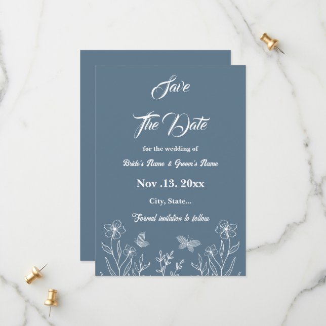 Romantic elegant dusty blue floral wedding save the date (Front/Back In Situ)