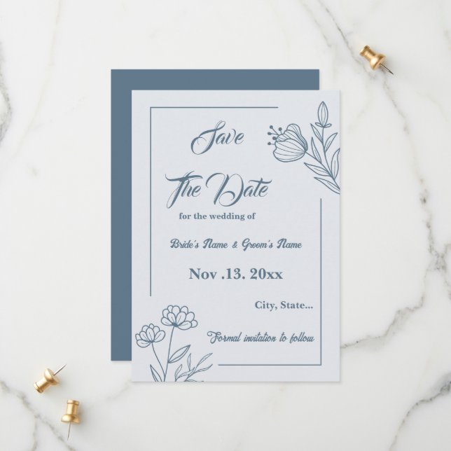 Romantic elegant dusty blue floral wedding save the date (Front/Back In Situ)