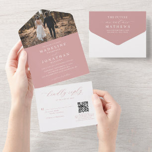 Romantic Elegant Dusty Pink Photo QR Code Wedding All In One Invitation