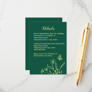 Romantic elegant gold butterflies emerald wedding enclosure card