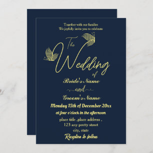 Romantic elegant gold butterflies navy invitation