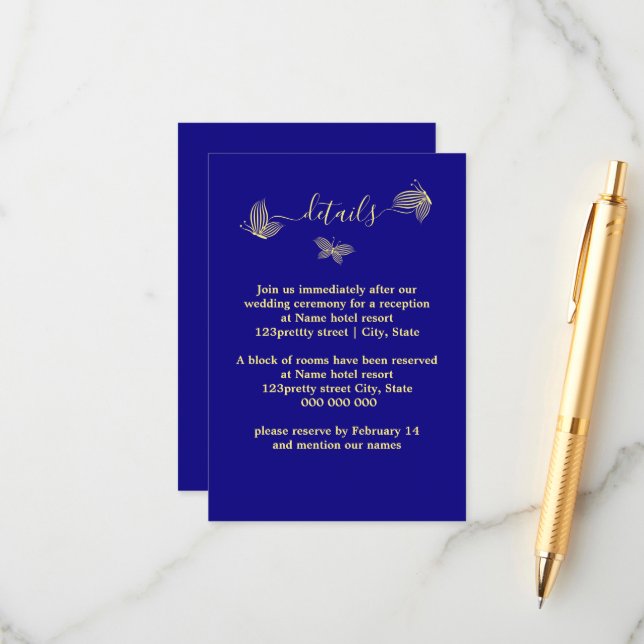 Romantic elegant gold butterflies royal blue  enclosure card (Front/Back In Situ)