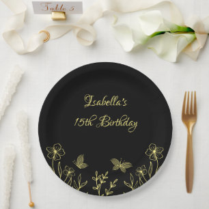 Romantic elegant gold floral black paper plate