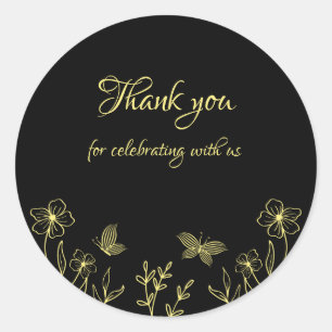Romantic elegant gold floral black wedding classic round sticker