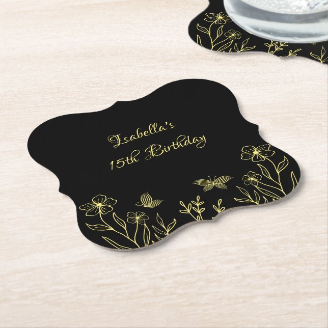 Romantic elegant gold floral black wedding paper coaster (Angled)