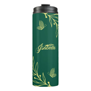 Romantic elegant gold floral emerald thermal tumbler