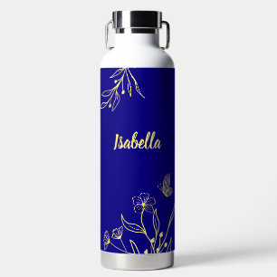 Romantic elegant gold floral royal blue  water bottle