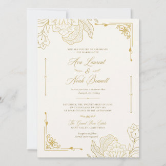 Romantic Elegant Gold Floral Wedding Invitation 