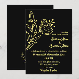 Romantic elegant gold flower black invitation