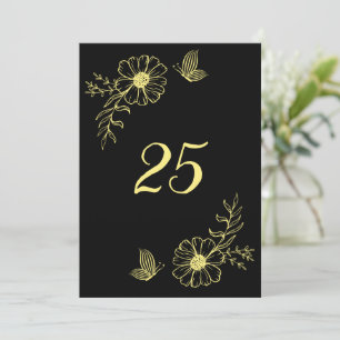 Romantic elegant gold flower black table number