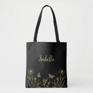 Romantic elegant gold flower black tote bag