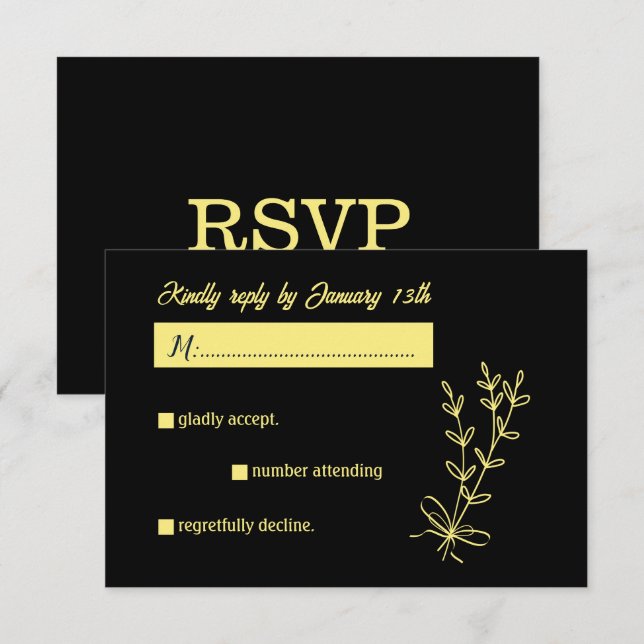 Romantic elegant gold flower black wedding RSVP card (Front/Back)