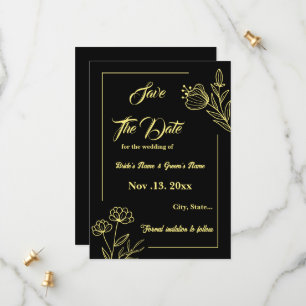 Romantic elegant gold flower black wedding save the date
