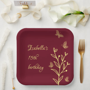 Romantic elegant gold flower burgundy paper plate