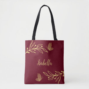 Romantic elegant gold flower burgundy tote bag