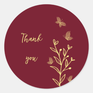 Romantic elegant gold flower burgundy wedding classic round sticker