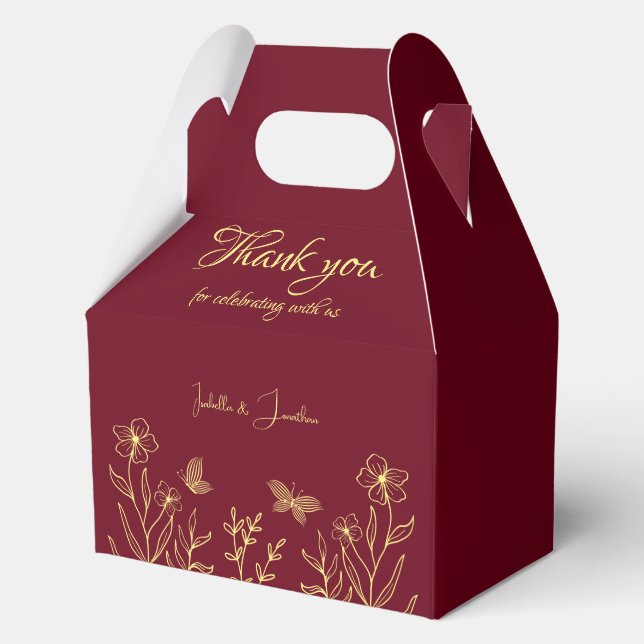 Romantic elegant gold flower burgundy wedding favor box (Front)