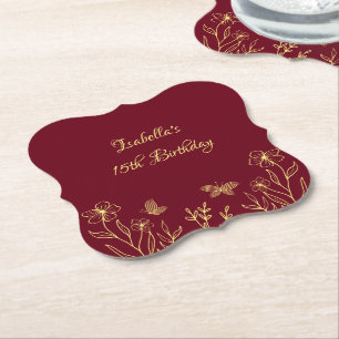 Romantic elegant gold flower burgundy wedding paper coaster