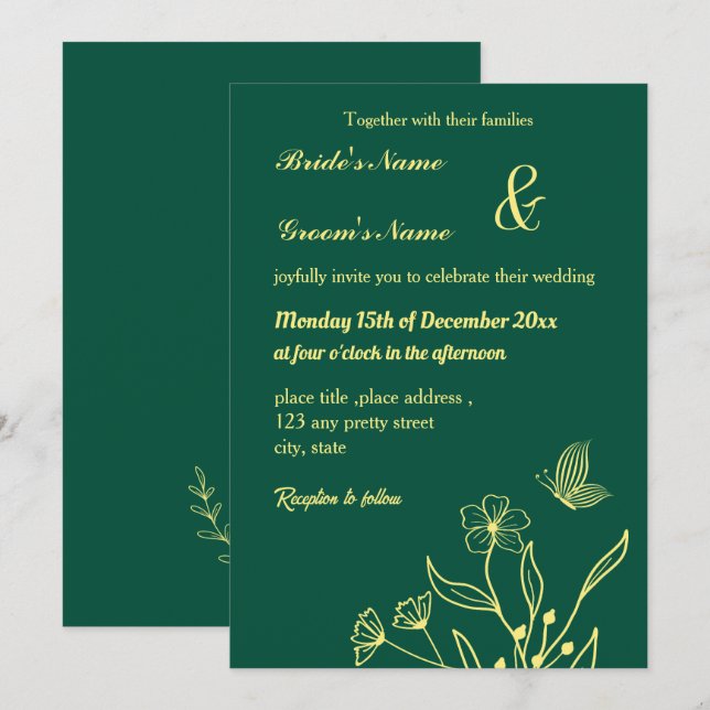 Romantic elegant gold flower emerald green invitation (Front/Back)