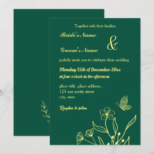 Romantic elegant gold flower emerald green invitation