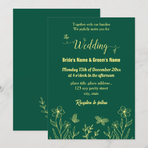 Romantic elegant gold flower emerald green invitation