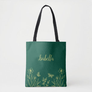 Romantic elegant gold flower emerald green tote bag