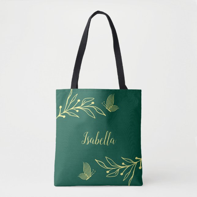 Romantic elegant gold flower emerald green tote bag (Front)