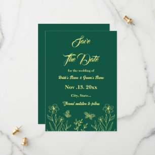 Romantic elegant gold flower emerald green wedding save the date