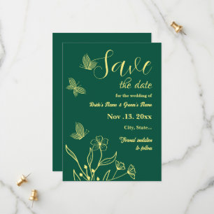 Romantic elegant gold flower emerald green wedding save the date