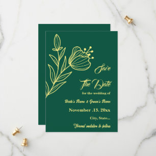 Romantic elegant gold flower emerald green wedding save the date