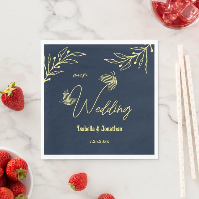 Romantic elegant gold flower navy napkin (Insitu)