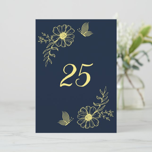 Romantic elegant gold flower navy table number (Standing Front)