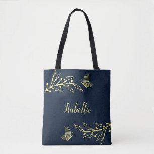 Romantic elegant gold flower navy tote bag