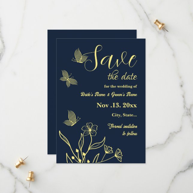 Romantic elegant gold flower navy wedding save the date (Front/Back In Situ)