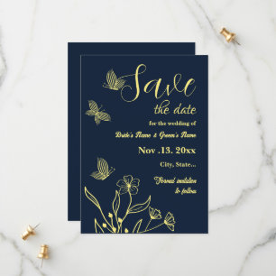 Romantic elegant gold flower navy wedding save the date
