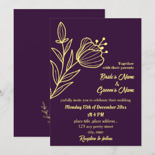 Romantic elegant gold flower purple invitation